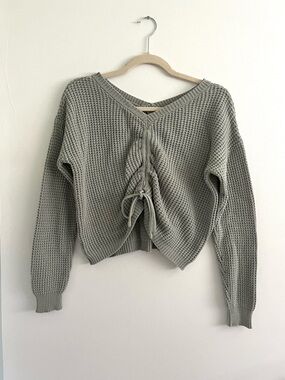 Sincerely Jules Sage Green Women's Cropped Knit Lace-Up Double V-Neck Sweater